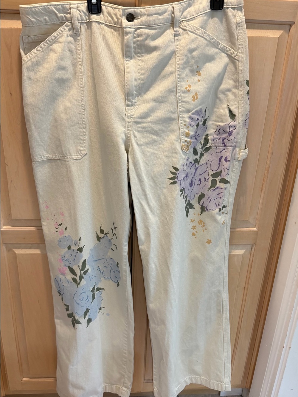 Ralph Lauren Cream Wide-Leg High-rise Jeans w/ Lavender & Blue Flowers 18